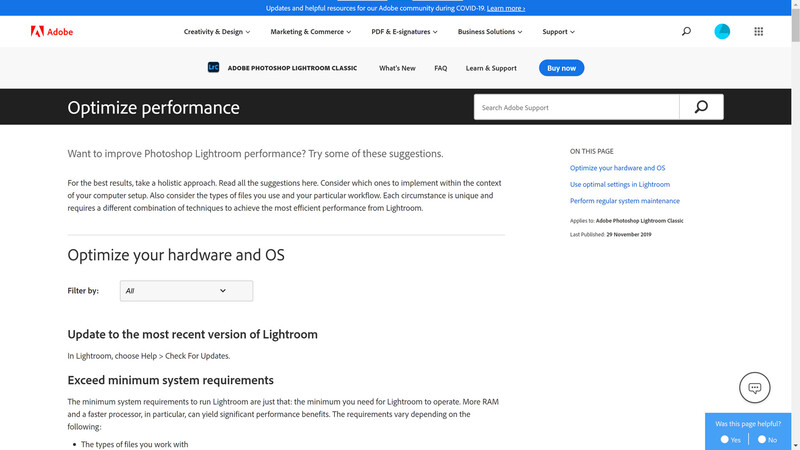 Adobe Lightroom Classic optimizing advice screenshot