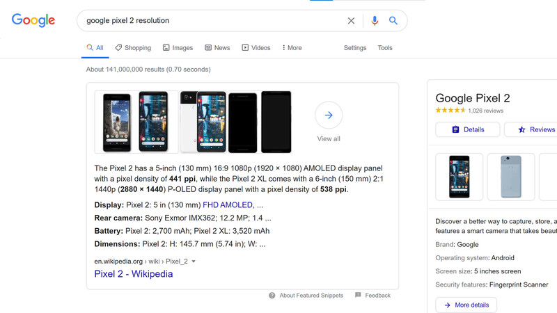 Google search for smartphone screen resolution