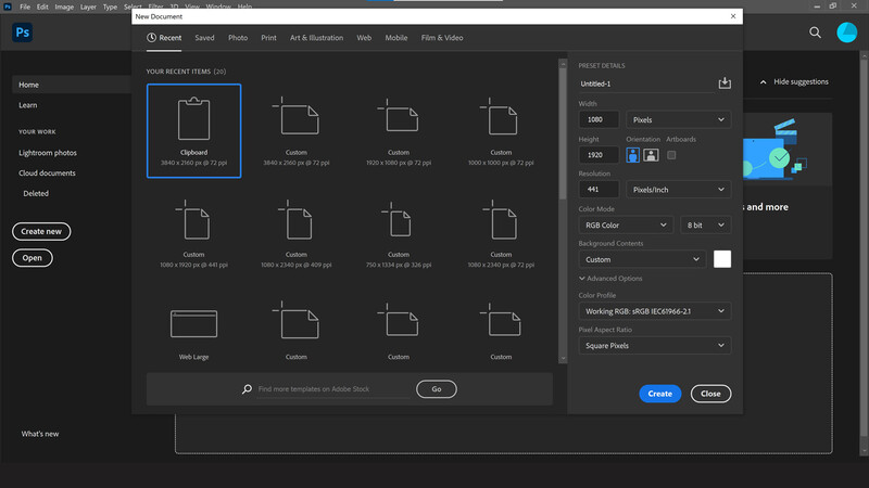 Making a new document in photoshop cc