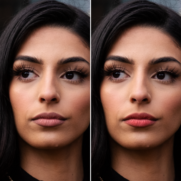 A side by side of a model before darkened lips and after.