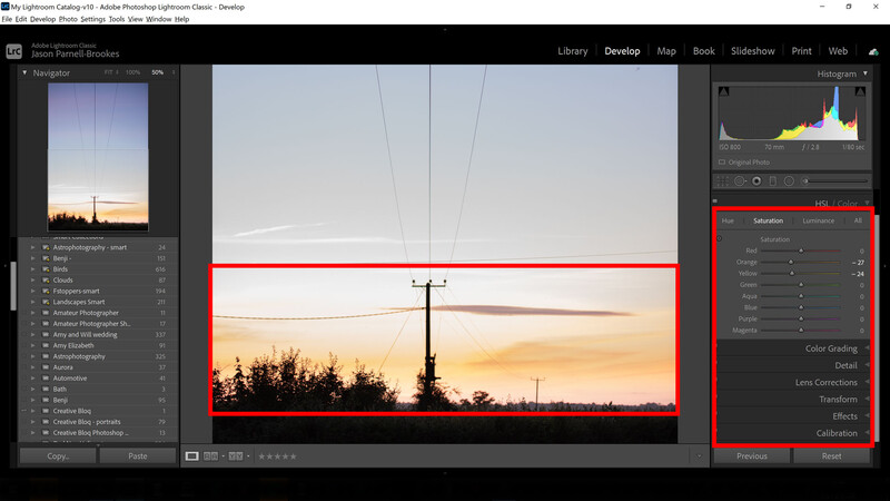 HSL/Color panel reducing orange in sky