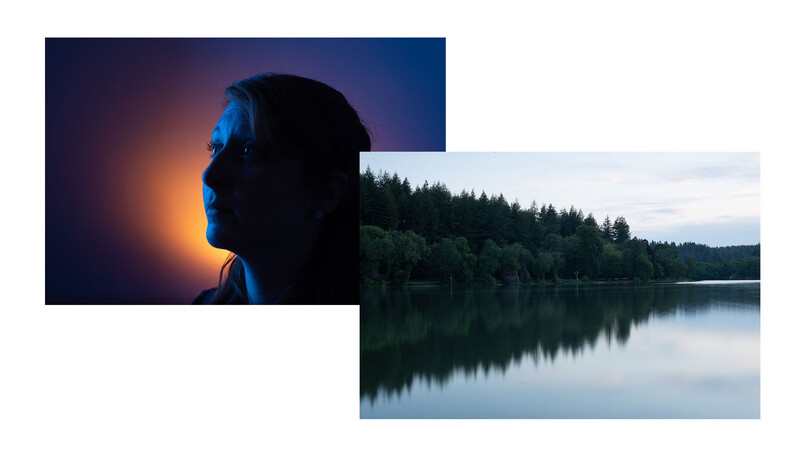 Two starting images of female portrait and lake landscape scene