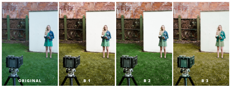 A comparison of four images featuring a blonde young woman and a camera.