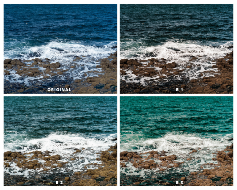 A collage of four shots of a beach water.