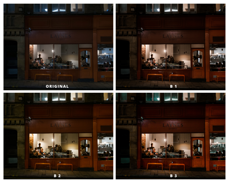 Four images of a cafe during a dark evening. 