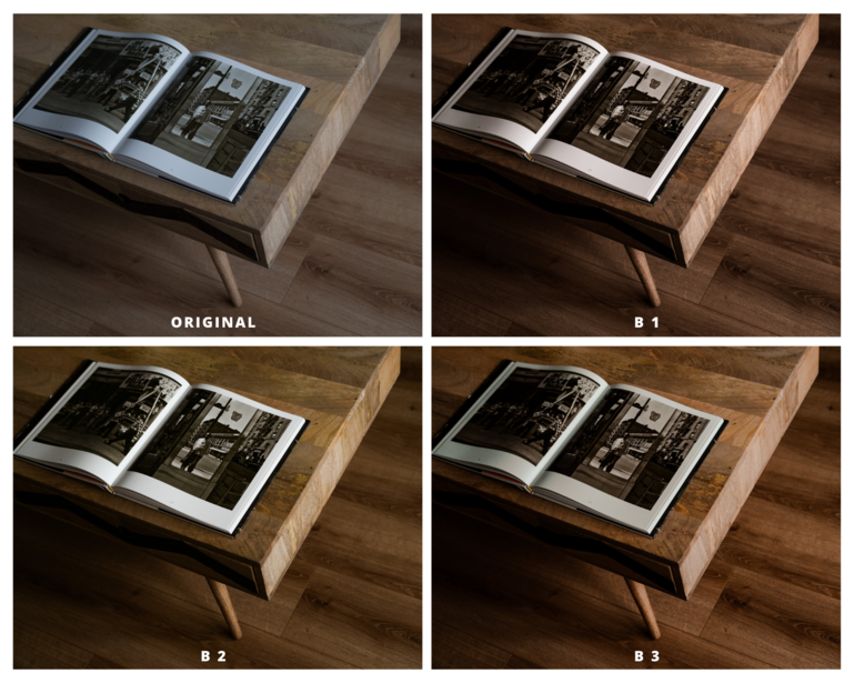 A four image collage of a wooden coffee table and a book. 