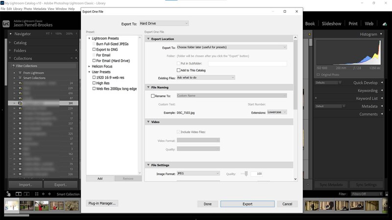 Export dialogue in Lightroom