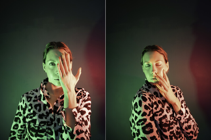 Two images of a woman shot with a red and green gel.