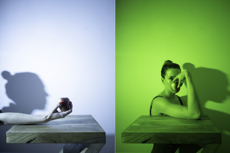 Two shots of a woman holding an apple. 