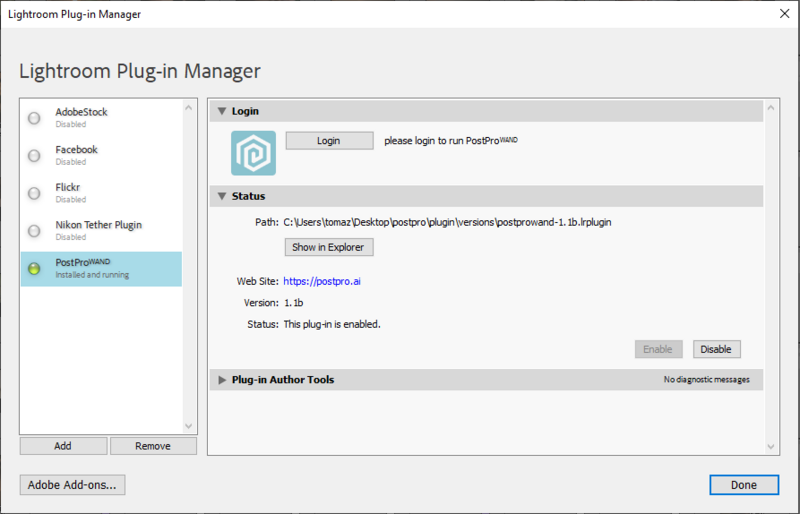 Lightroom Plug-in manage screenshot.