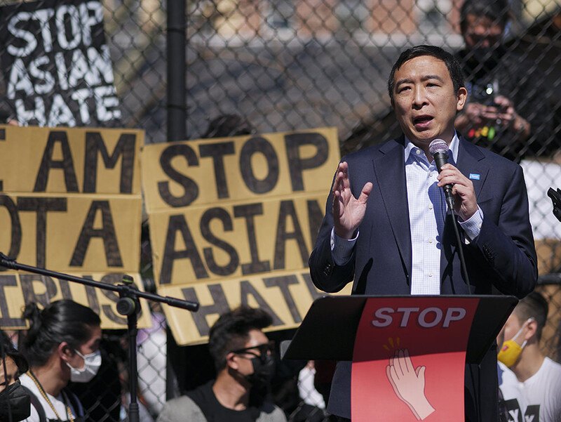 Andrew Yang, a candidate for Mayor of New York, speaks at the AAPI Rally Against Hate on Sunday, March 21, 2021. In response to the killings earlier in the week of several Asian women in Georgia, hundreds gathered for the rally in New York's Columbus Park