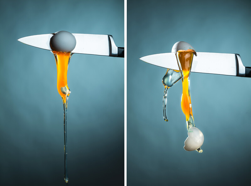 Eggs cracked on a sharp knife.