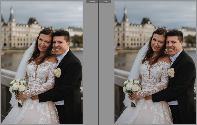 Bride and groom on a bridge.