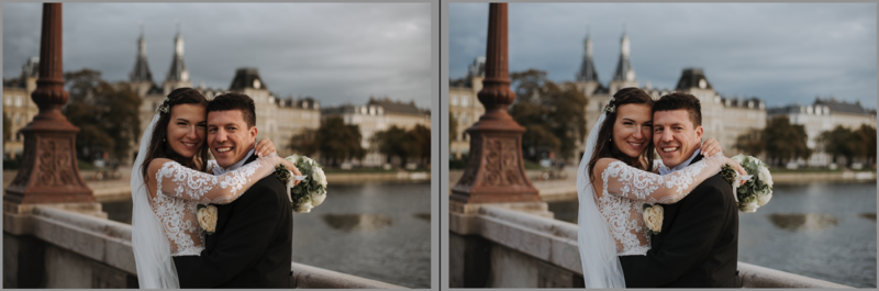 Bride and groom on a bridge.