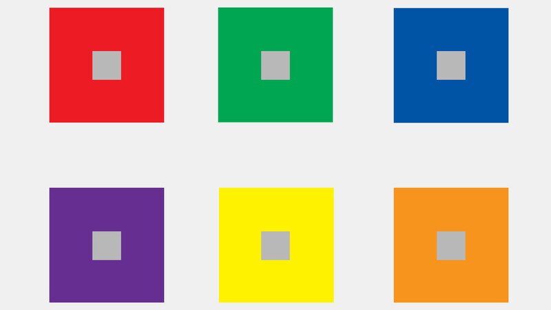 © Ivor Rackham The gray internal squares in this image are identical in tone, yet they may appear to be different shades and your mind may even make them appear tinted with the complementary color of the outer colored box.