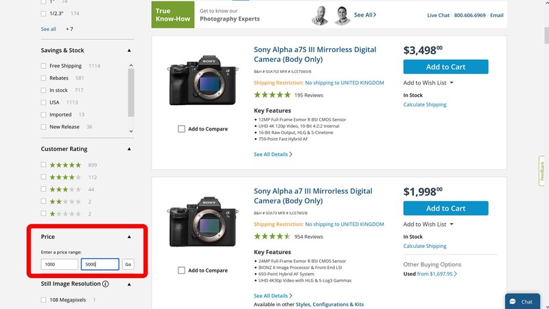 B+H price filtering on site