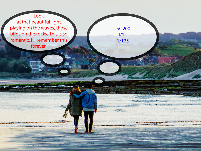 Two people standing in shallow water facing a coastal landscape, with thought bubbles containing photography notes overlaid above.