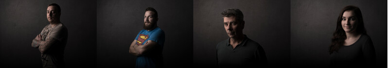 Four portrait headshots of different people against a dark background.