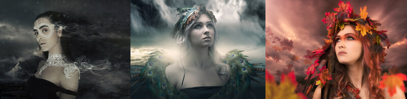 Three fantasy-styled portrait composites featuring women with ethereal headpieces against dramatic, moody skies.