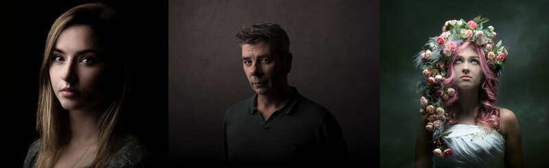 Three portrait studies demonstrating different lighting and styling approaches in studio photography.