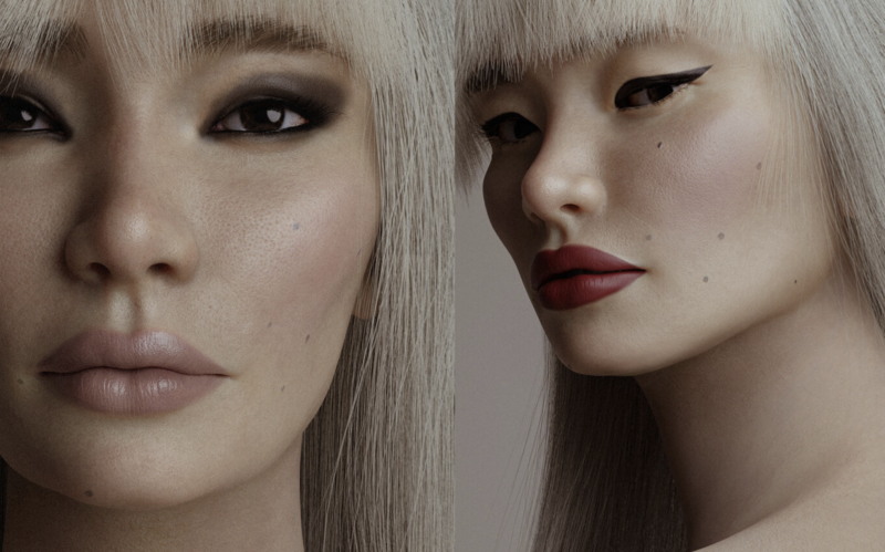 Two women with platinum blonde hair and pale complexions in profile, featuring bold burgundy lipstick and dramatic eye makeup.