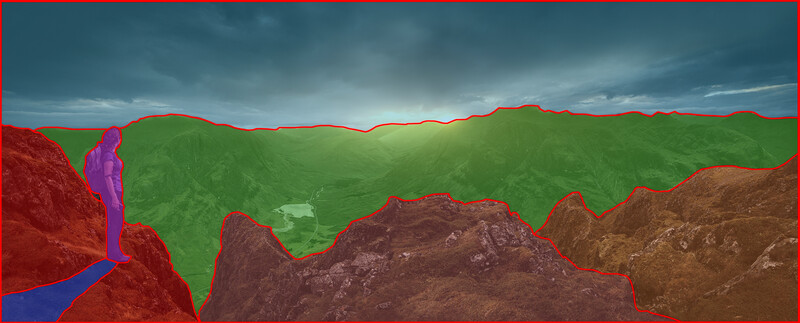 Digital illustration of layered terrain with vibrant green fields, rocky brown cliffs, and bold red and blue geometric shapes under stormy sky.