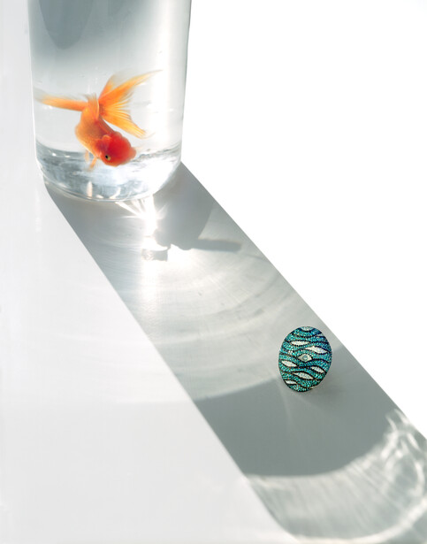 Goldfish and glass sphere arranged diagonally with dramatic side lighting creating shadows.