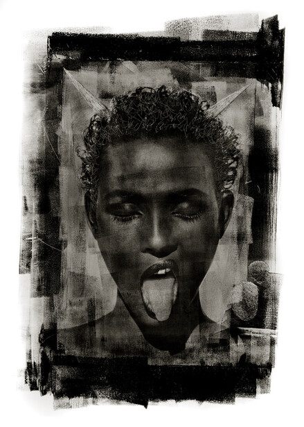 Black and white portrait with tongue extended, featuring layered translucent overlay and distressed frame edges.