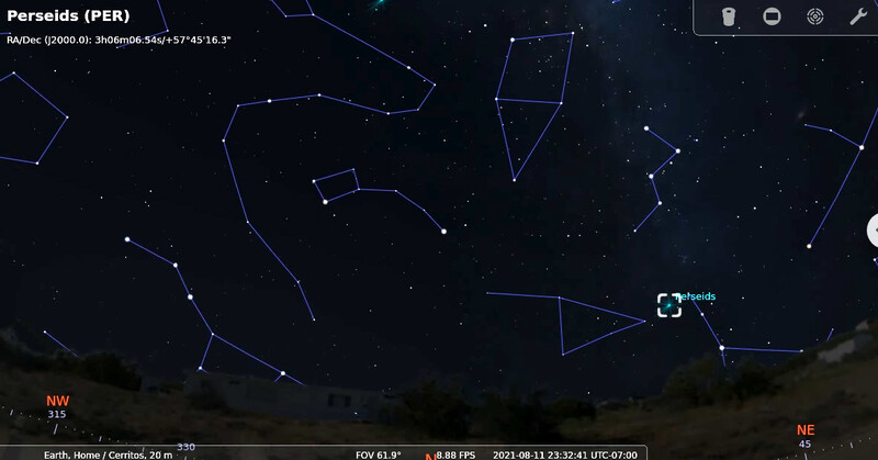 Screenshot of stargazing app displaying Perseus constellation with connected stars and directional compass overlay.