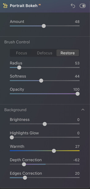 Screenshot of Portrait Bokeh editing panel showing brush control sliders and adjustment parameters.