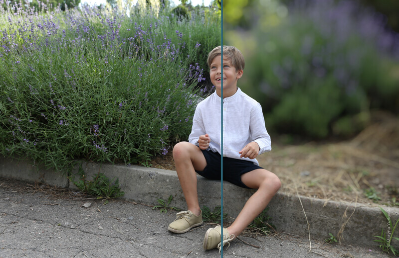 Child crouching on a path with a vertical line overlay creating a split-screen effect between sharp and blurred backgrounds.