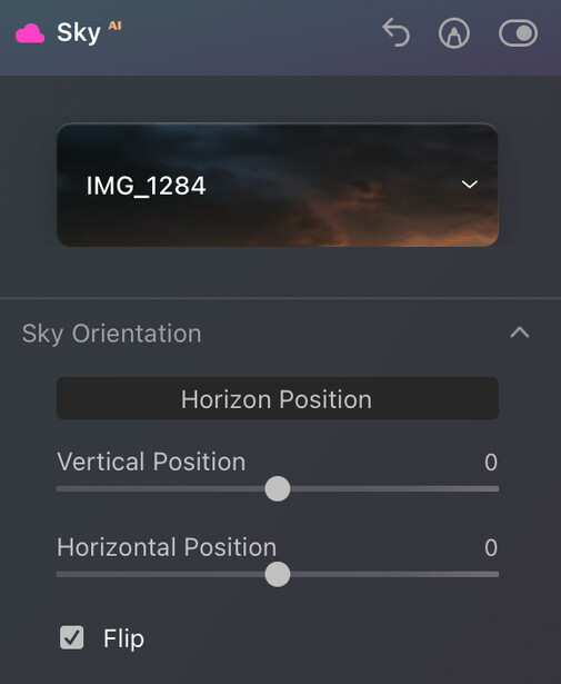 Screenshot of Sky editing software showing image orientation controls with horizon and vertical position sliders.