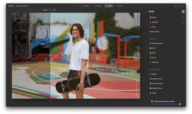 Screenshot of Luminar photo editing software showing a portrait of a person at a playground with editing tools visible.