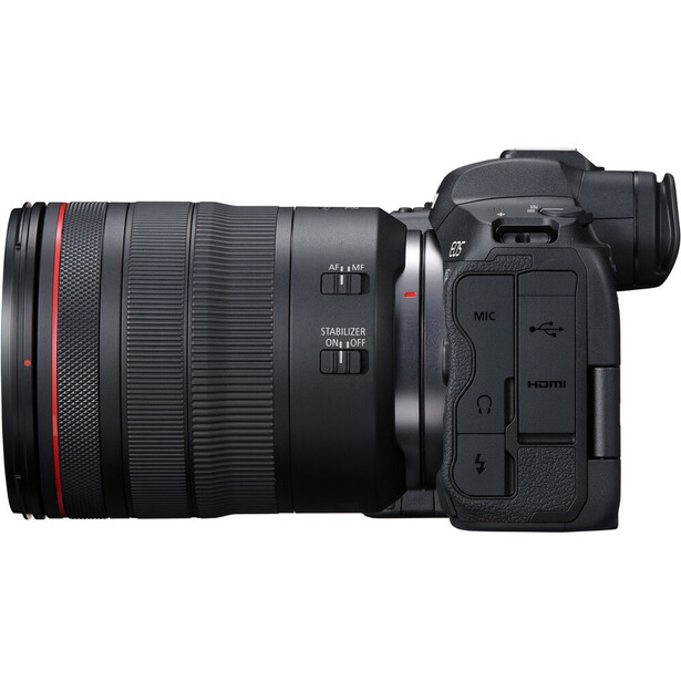 Canon EOS R5 mirrorless camera with RF 24-105mm f/2.8L IS USM lens attached, shown from the side.
