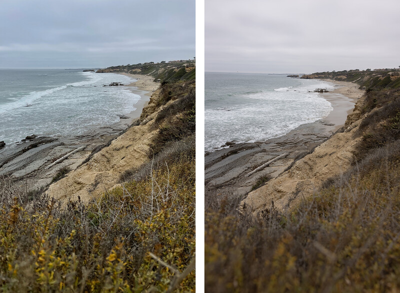 Side-by-side comparison of a coastal cliff landscape with different post-processing treatments.