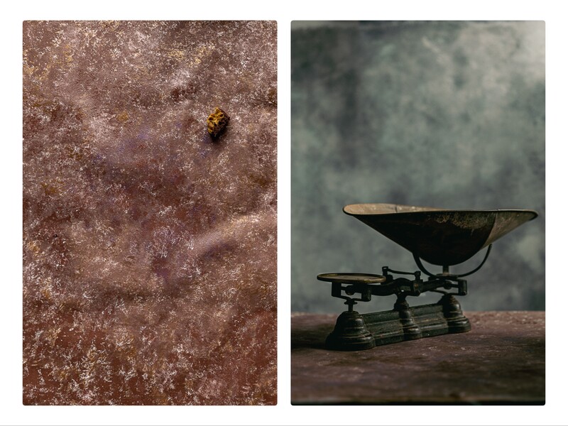 Diptych comparing a textured surface with a small insect and an industrial satellite dish installation on wooden platform.