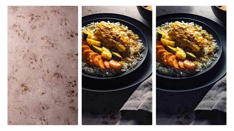Food photography comparison showing before, during, and after editing of a curry dish in a black pot with golden lighting.