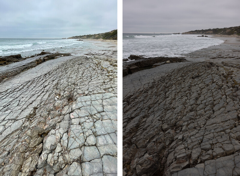 Side-by-side comparison of the same rocky beach showing different tonal treatments and lighting conditions.