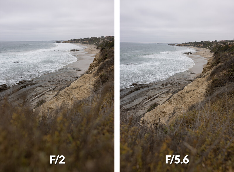 Side-by-side comparison of coastal landscape at F/2 and F/5.6 aperture settings.