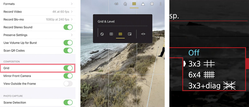 Screenshot of camera app settings showing grid composition options and live preview of coastal landscape.
