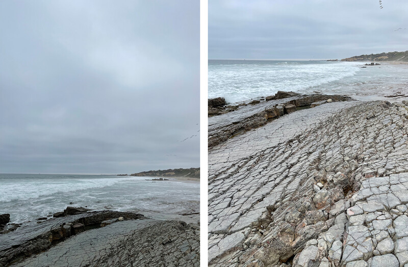 Coastal landscape diptych showing rocky beach formations and overcast ocean conditions.
