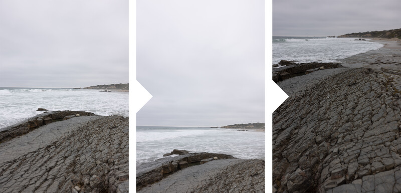 Triptych of a rocky beach with textured sand formations and calm ocean under overcast sky.