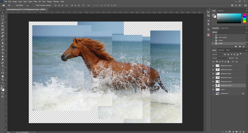 Brown horse running through ocean waves with water splashing around its legs and body.