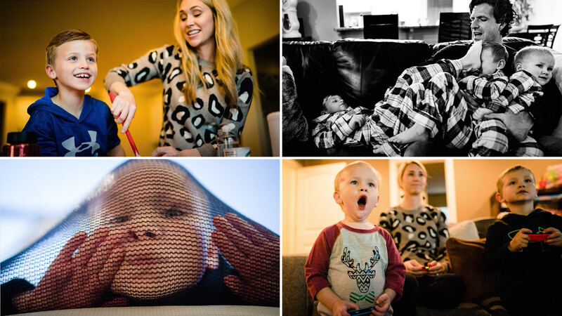 Collage of four family photography scenes showing parents and children in candid, playful moments with warm lighting.