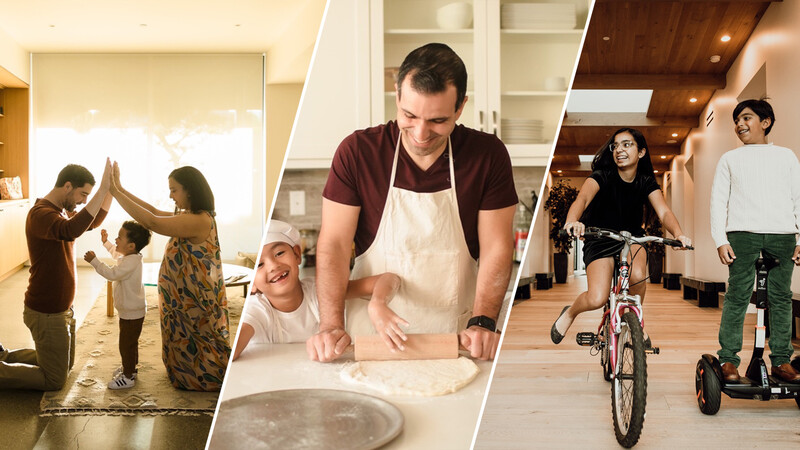 Three-panel composite showing people engaged in indoor activities including high-fiving, kneading dough, and riding bikes.