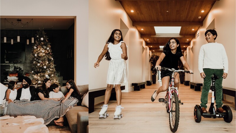 Split composition showing family gathering by Christmas tree on left, children playing with roller skates and bike in modern hallway on right.