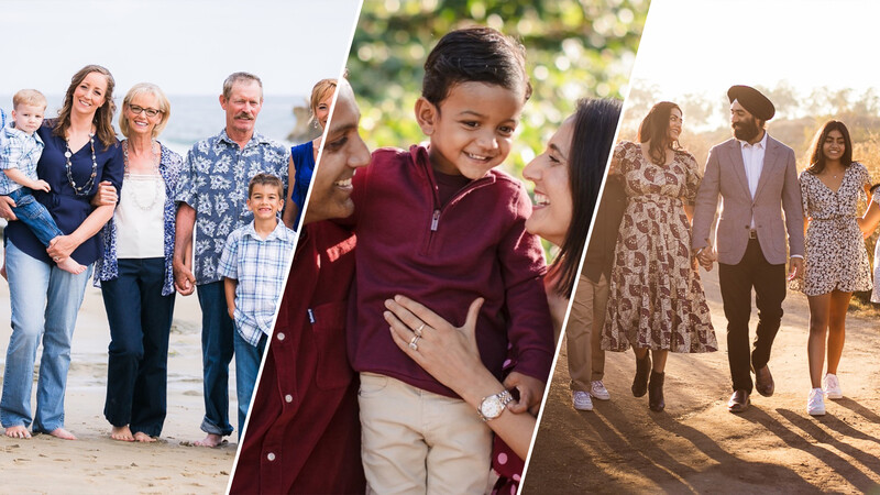 Three family portrait sessions showing multi-generational groups posed outdoors in natural lighting.