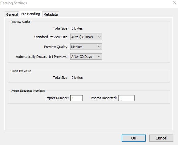 Screenshot of Catalog Settings dialog with General, File Handling, and Metadata tabs.