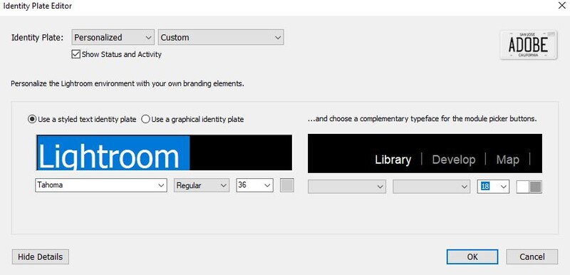 Screenshot of Lightroom's Identity Plate Editor dialog with personalized branding options.