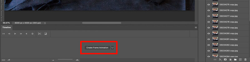 Screenshot of video editing software showing timeline panel with Create Frame Animation button highlighted in red.